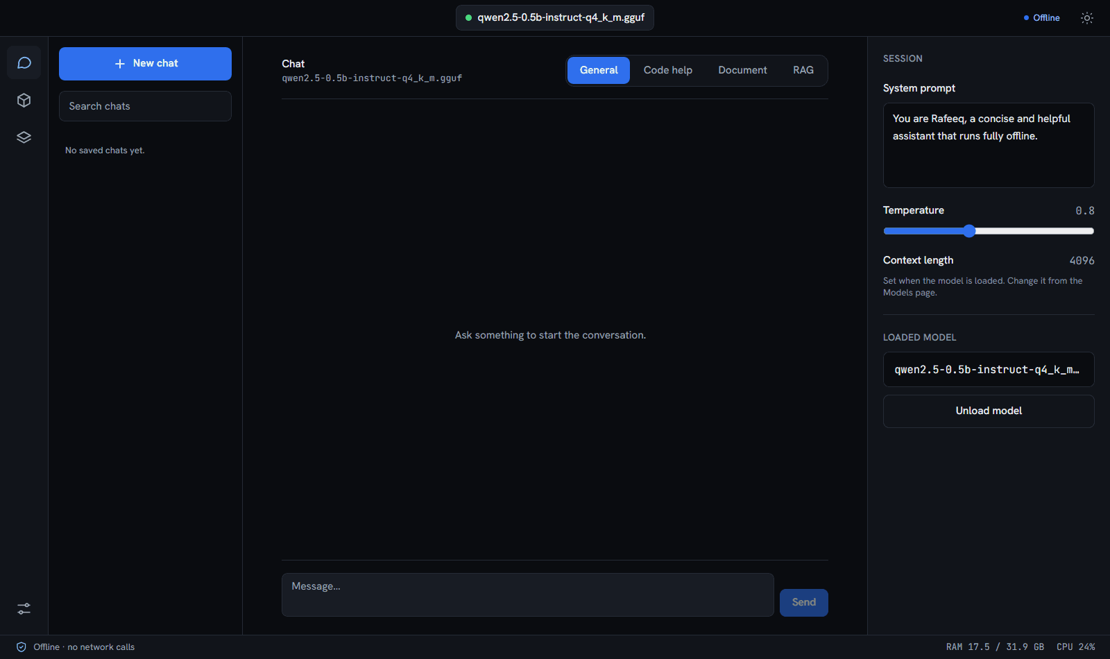 The Rafeeq chat screen with a local model loaded, running offline.
