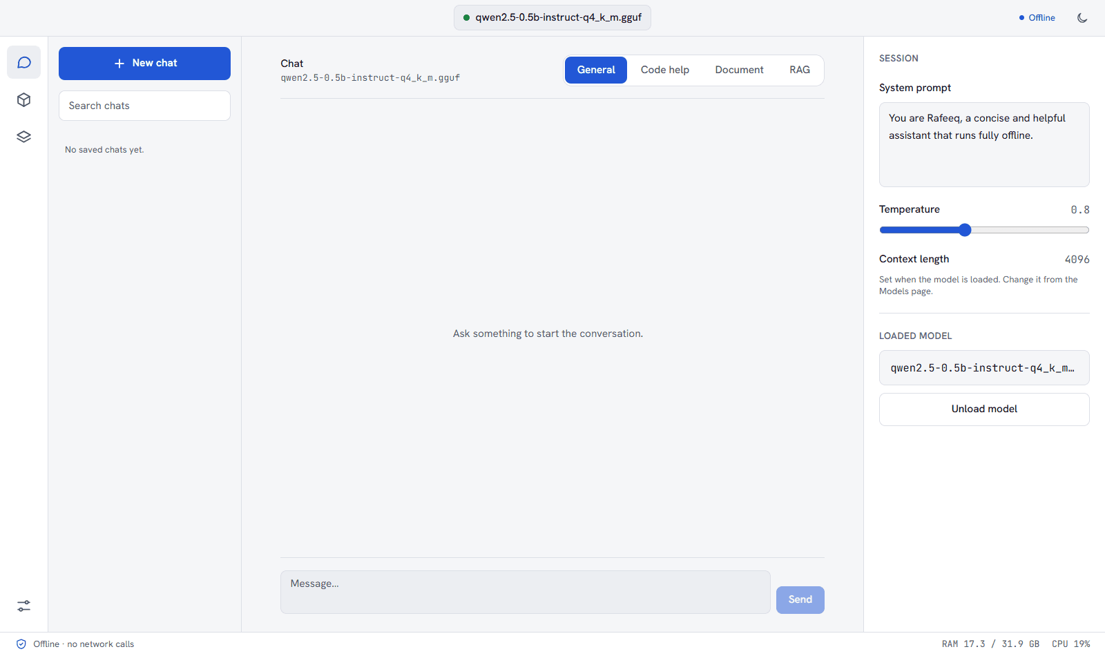 The Rafeeq chat screen with a local model loaded, running offline.